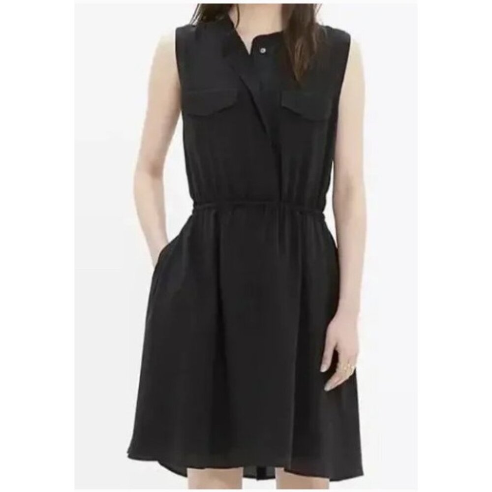 Madewell Journey Silk Shirt‎ Dress Black Blouson Knee Length Sleeveless Size XS